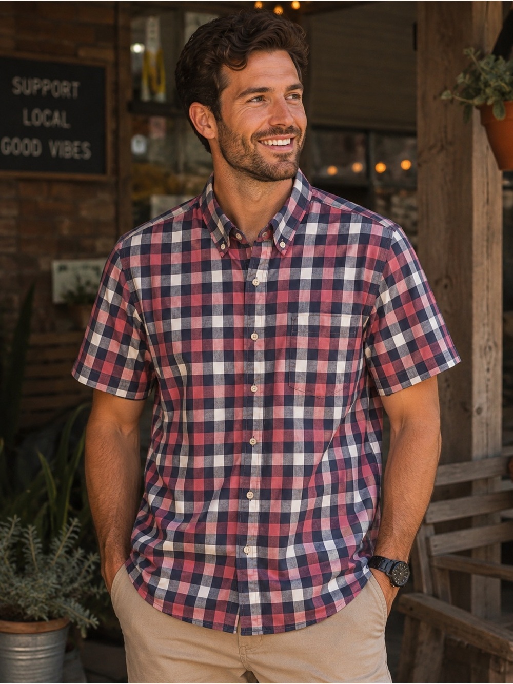 Men's‎ Short Sleeve Plaid Button-Down Shirt ~ Size Large ~ Rustic Preppy